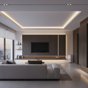 現代簡約客廳電視牆設計，展示 Reputable Engineering 智能家居的間接照明與 LED 燈帶控制，結合家庭影院系統的沉浸式視聽空間實例。